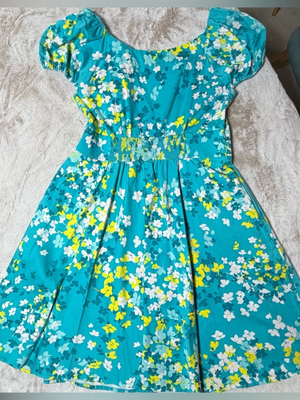 eshakti Teal Floral Puff Sleeve Dress w/Pockets & Fabric Flowers at Neckline 1X - Picture 11 of 12
